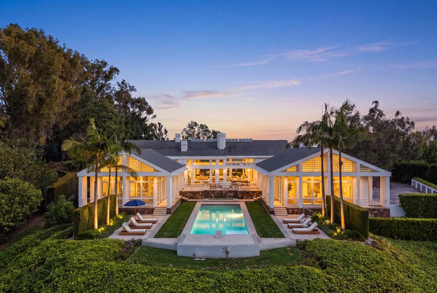 Twilight aerial of 18 Crest Rd E, Rolling Hills